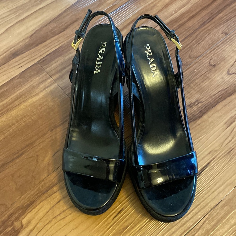 Prada Patent Black Leather Platform Espadrille Sandals, Size 38